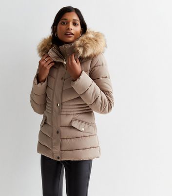 Camel Faux Fur Trim Hooded Puffer Jacket New Look