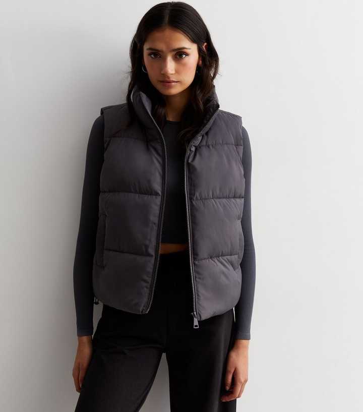 Dark Grey Puffer Crop Gilet