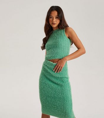 Urban Bliss Light Green Fluffy Knit Midi Skirt New Look