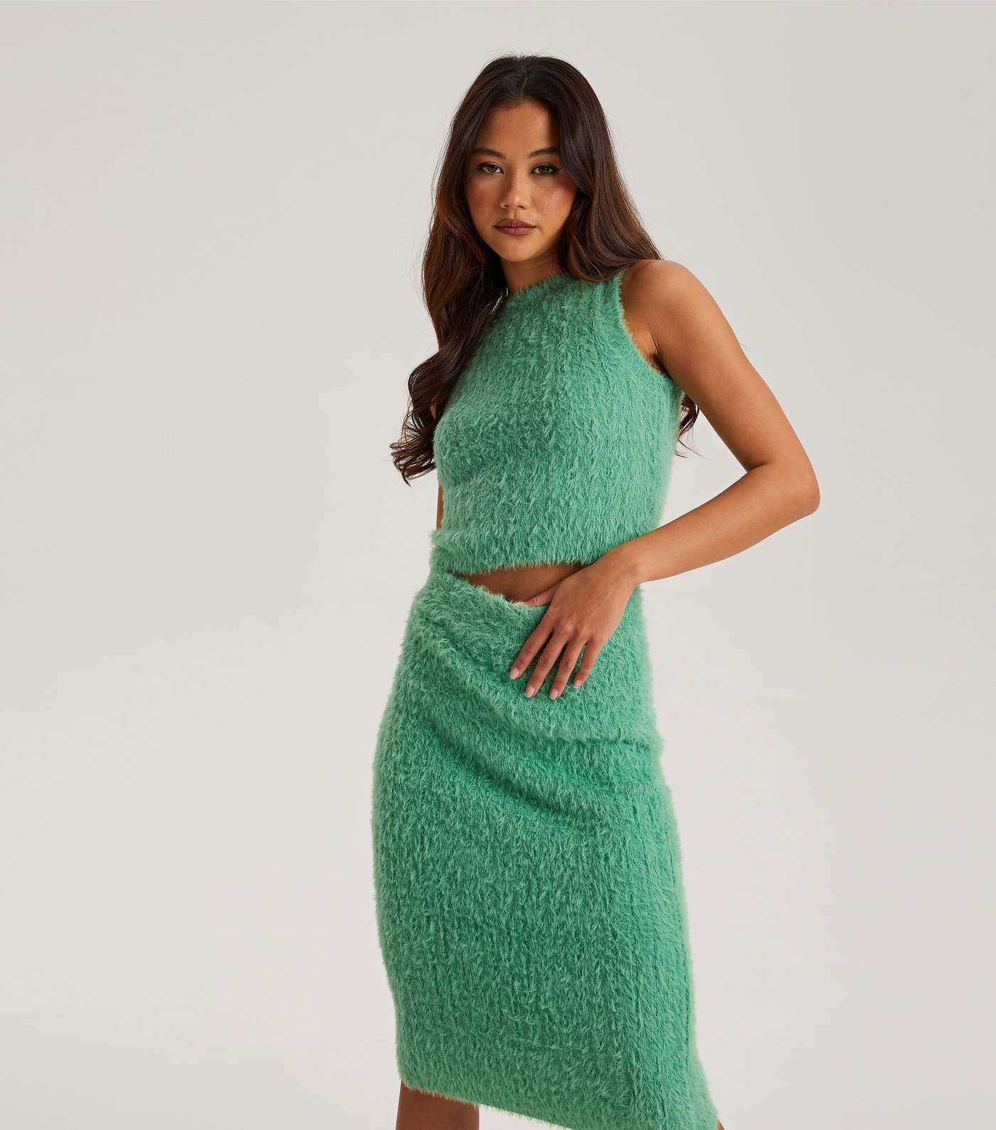 Urban Bliss Light Green Fluffy Knit Midi Skirt Image 2