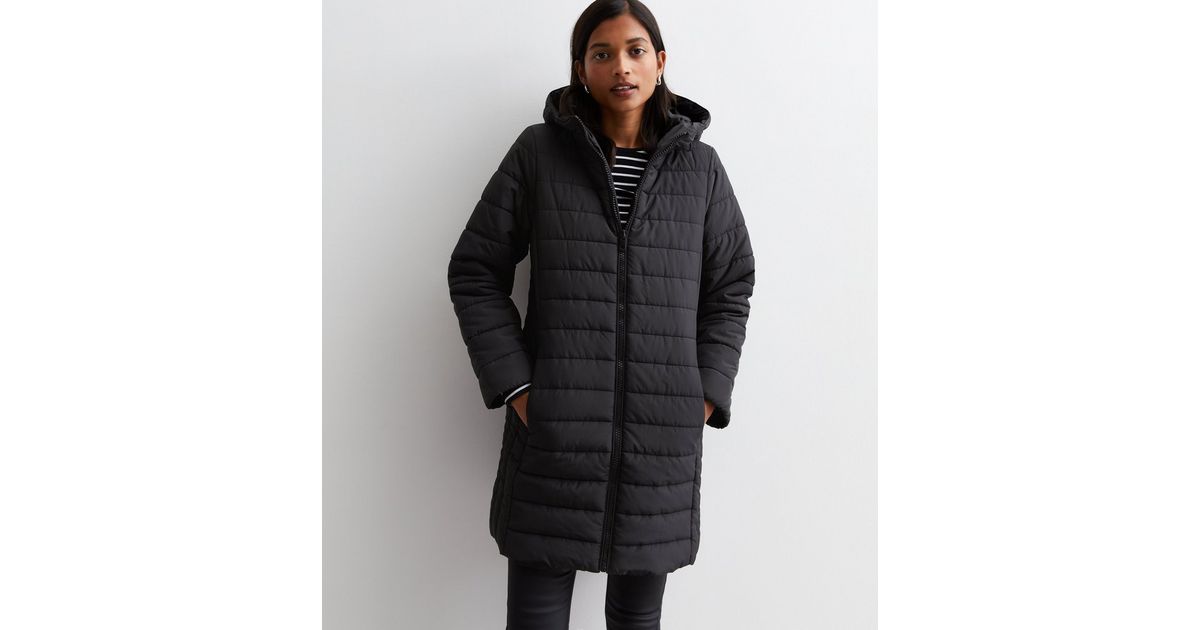Black Longline Hooded Lightweight Puffer Coat New Look