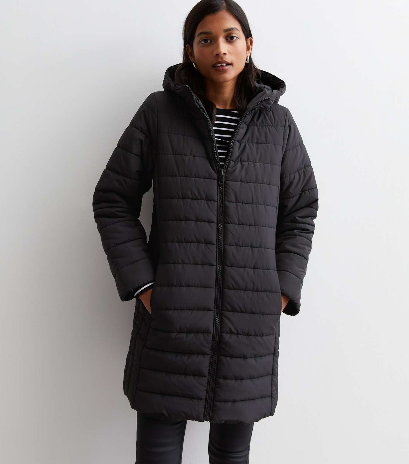 Black Longline Hooded Lightweight Puffer Coat