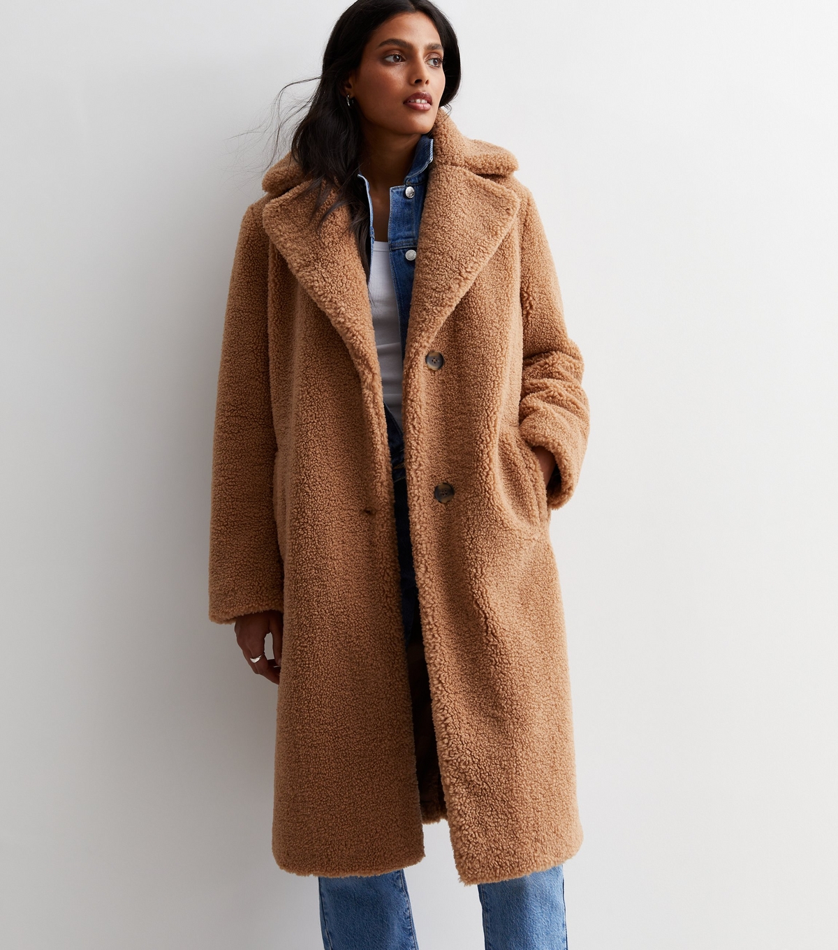 Women's Tan Teddy Long Coat New Look