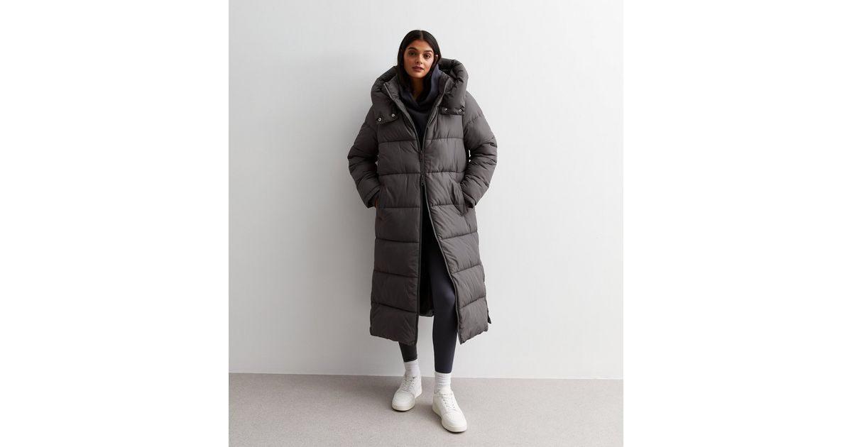 Dark Grey Hooded Longline Puffer Coat | New Look