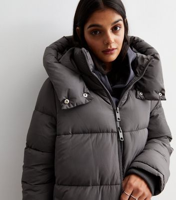 Dark Grey Hooded Longline Puffer Coat New Look