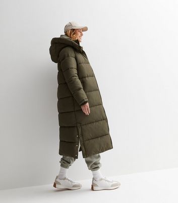 Khaki Hooded Longline Puffer Coat New Look