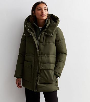 Khaki Padded Utility Hooded Midi Coat | New Look