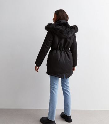 Black Faux Fur Lined Hooded Parka Jacket New Look