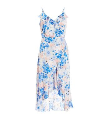 QUIZ Petite Pale Blue Floral Frill Midi Wrap Dress New Look