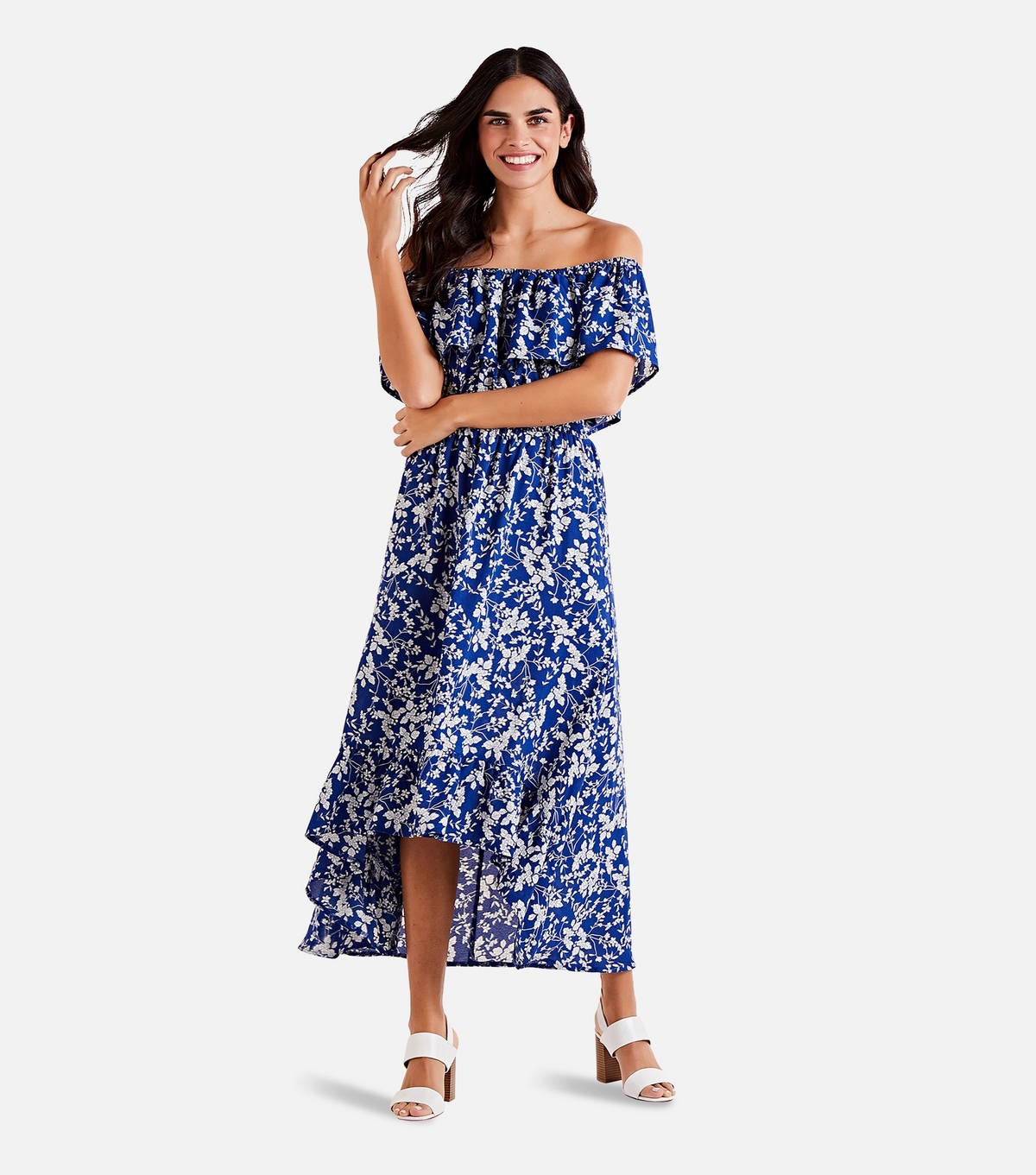 Women's Blue Floral Bardot Dip Hem Midi Dress Mela New Look