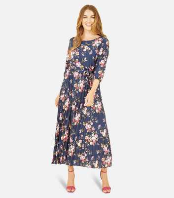 Yumi Navy Floral Pleated Belted Midi Dress