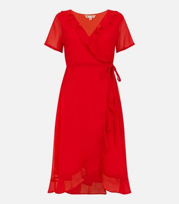 Yumi Red Frill Wrap Midi Dress New Look