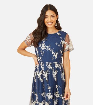 Yumi Navy Floral Embroidered Mini Dress New Look