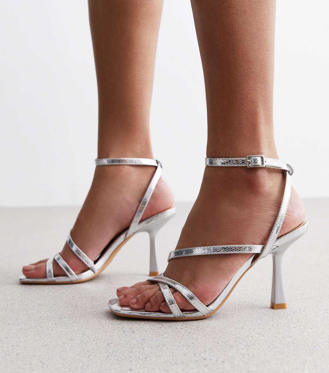 Silver Strappy Stiletto Heel Sandals Image 2