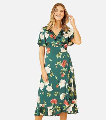 Yumi Green Rose Satin V Neck Short Flutter Sleeve Frill Midi Dress