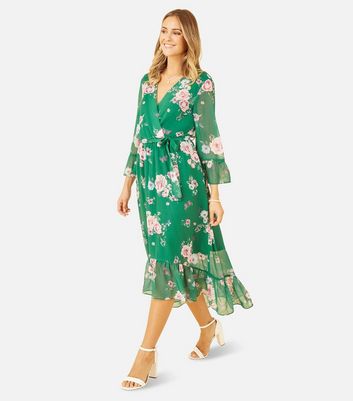 Yumi Green Floral Long Sleeve Frill Belted Midi Dress New Look