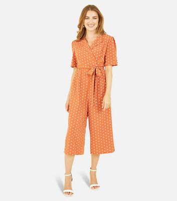 Yumi Orange Polka Dot Collared Wrap Crop Jumpsuit New Look