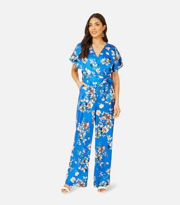 Yumi Blue Floral Batwing Wrap Belted Jumpsuit