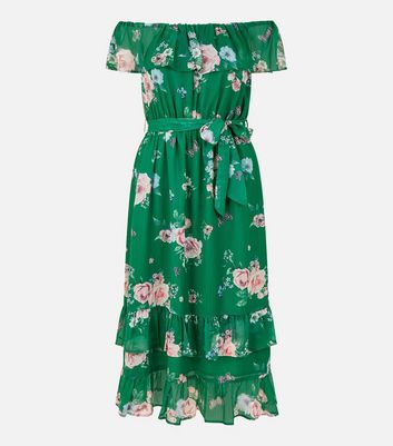 Yumi Green Floral Bardot Belted Midi Dress New Look