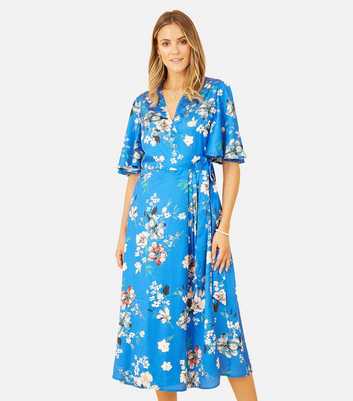 Yumi Blue Floral Short Flutter Sleeve Midi Wrap Dress
