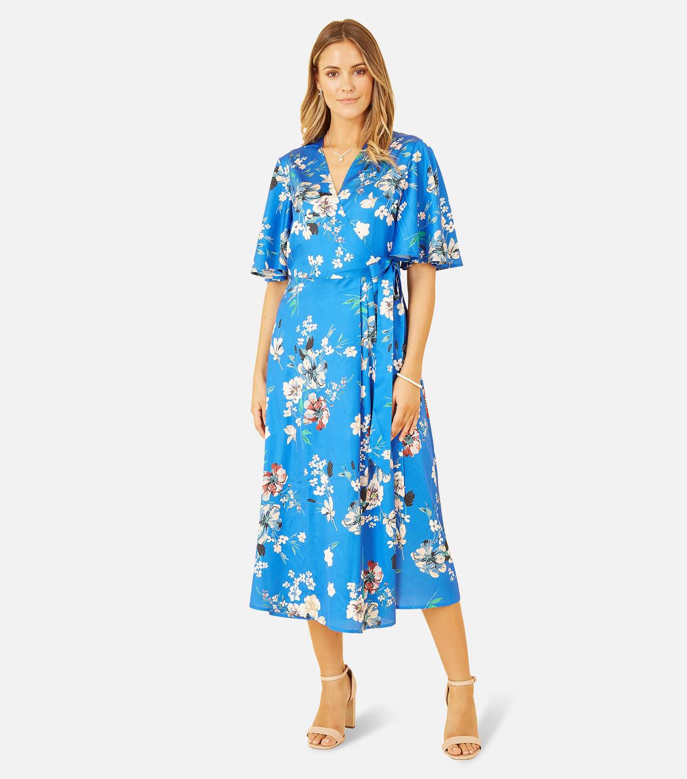 Yumi Blue Floral Short Flutter Sleeve Midi Wrap Dress Image 2