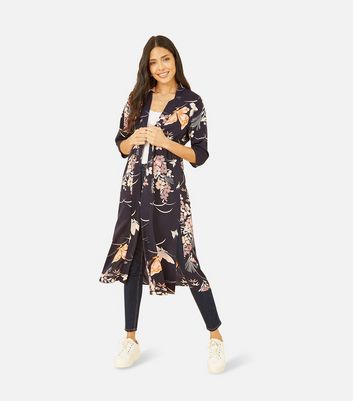 Yumi Navy Floral Satin Long Kimono New Look