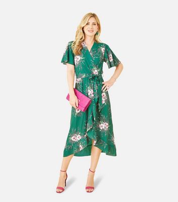 New look green floral wrap dress best sale