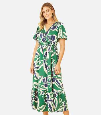 Yumi Green Leaf Print V Neck Short Sleeve Midi Wrap Dress