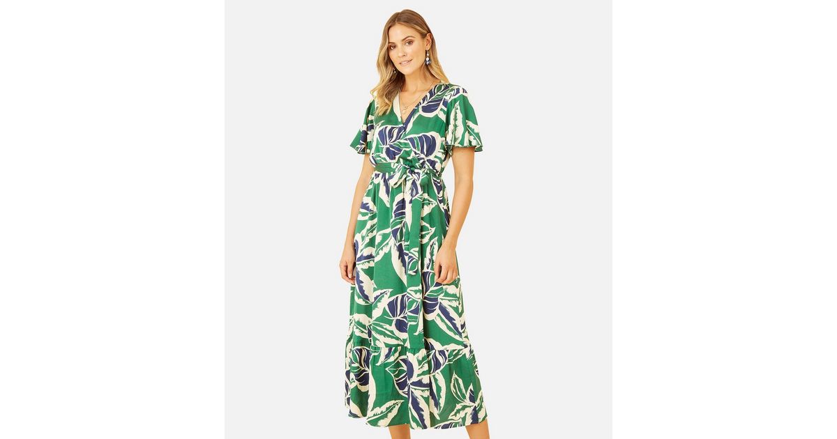 Yumi Green Leaf Print V Neck Short Sleeve Midi Wrap Dress | New Look