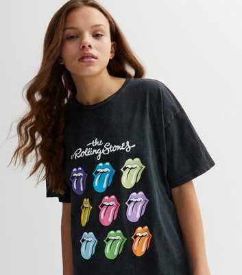 Girls Dark Grey Acid Wash The Rolling Stones Logo Long Oversized T-Shirt