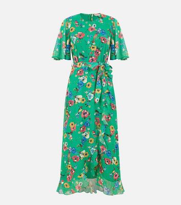Yumi Green Floral Belted Frill Midi Wrap Dress New Look