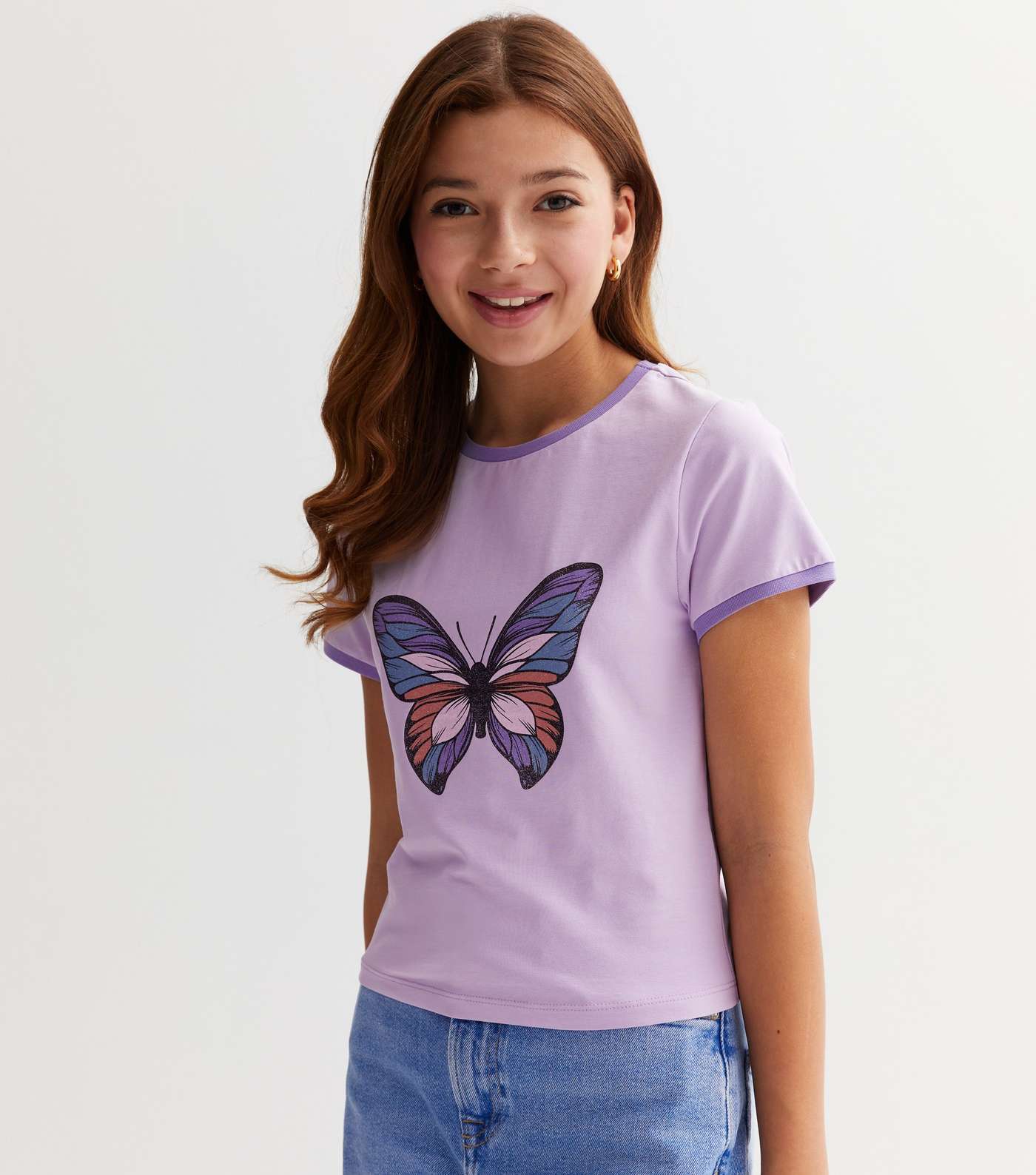 Girls Lilac Butterfly Logo Ringer T-Shirt Image 2