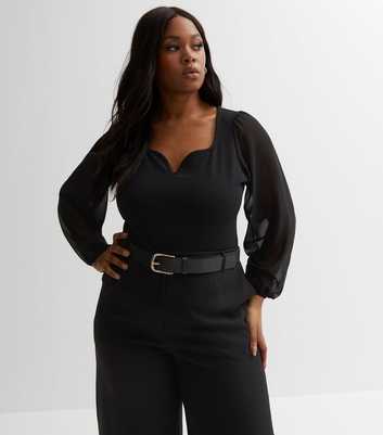 Curves Black Mesh Notch Neck Long Puff Sleeve Bodysuit