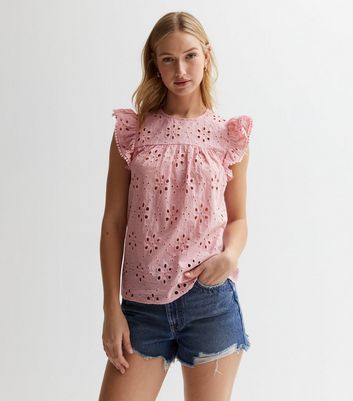 Pink Broderie Frill Sleeve Top New Look