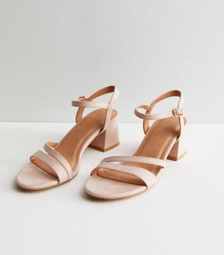 Pale Pink Suedette Mid Block Heel Sandals