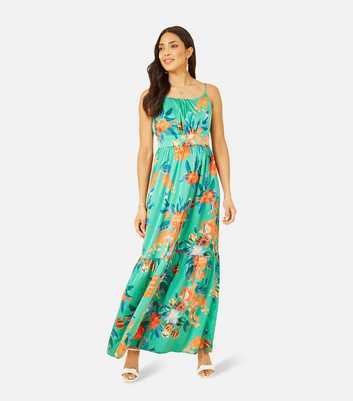 Yumi Green Floral Satin Tiered Strappy Maxi Dress