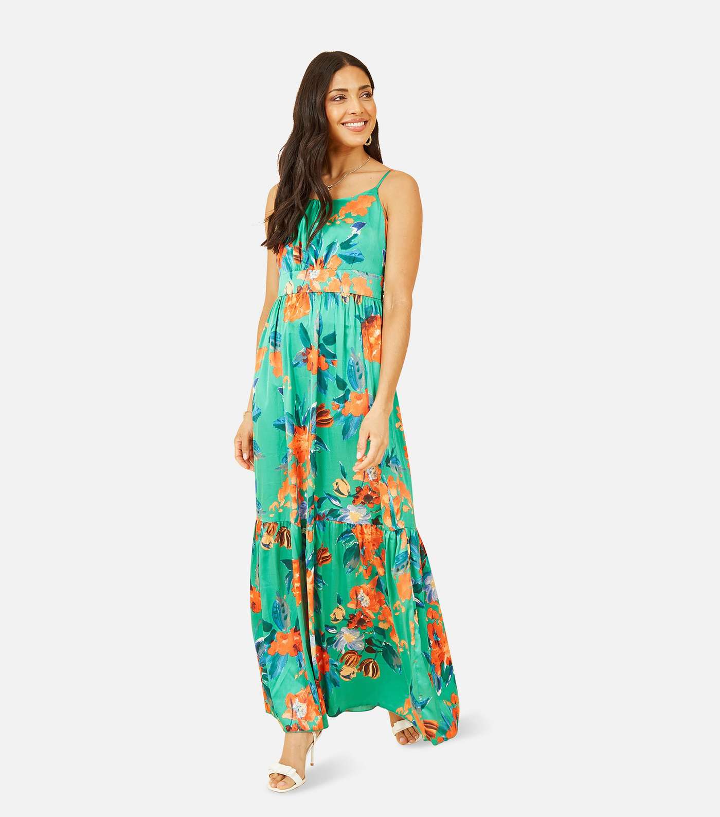 Yumi Green Floral Satin Tiered Strappy Maxi Dress Image 3