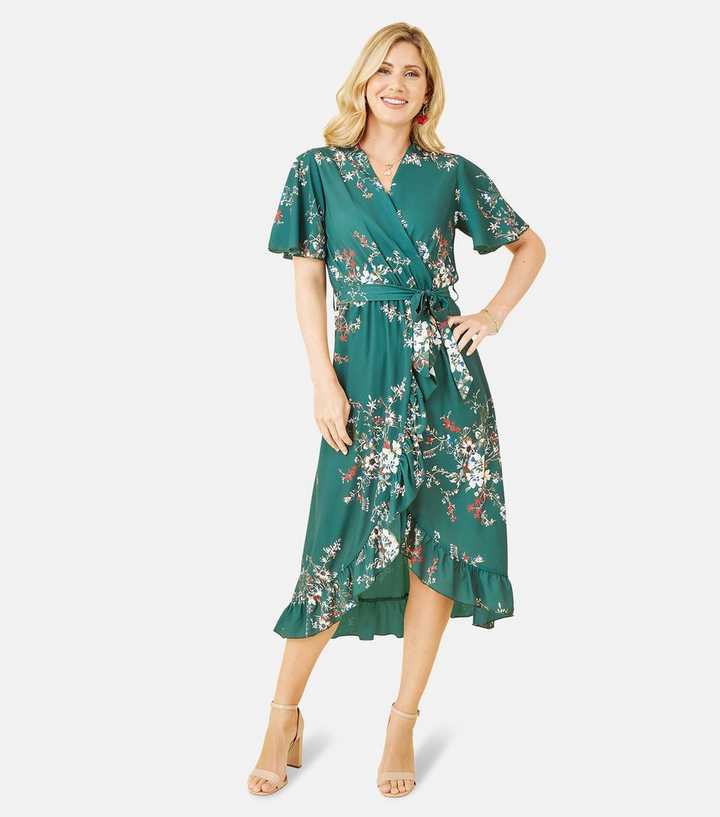 Dress Outlet Oasis Jasmine Skater Dress Mela Green Floral Frill Midi Wrap  Dress New Look