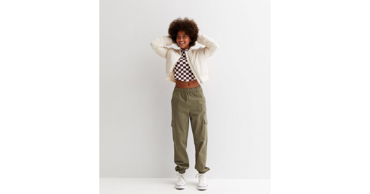 Girls Khaki Cotton Cuffed Cargo Trousers | New Look