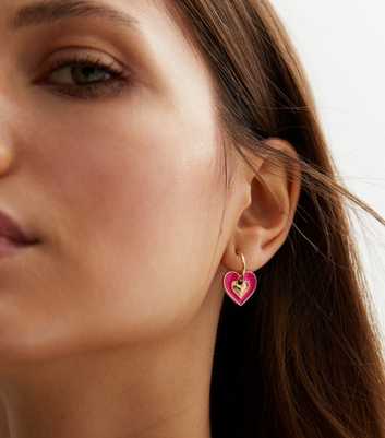 Mid Pink Retro Heart Charm Hoop Earrings