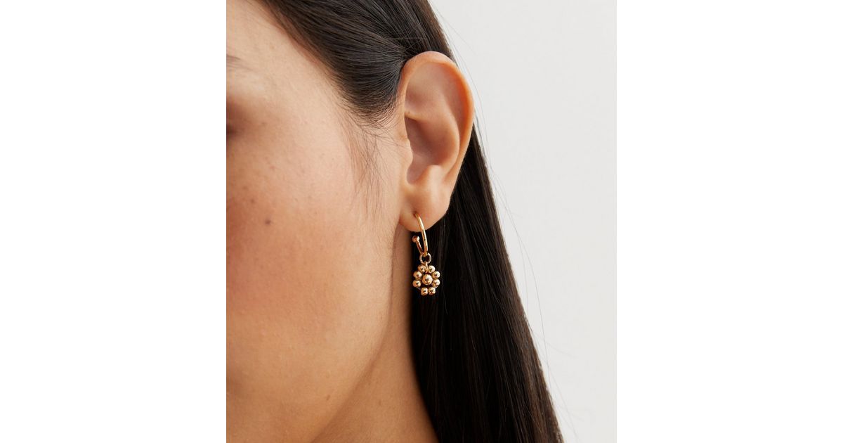 Gold Metal Beaded Flower Hoop Earrings New Look