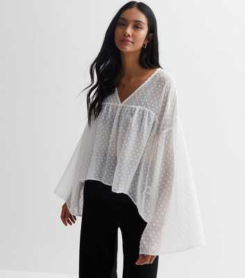 White Embroidered Spot Chiffon Wide Sleeve Blouse