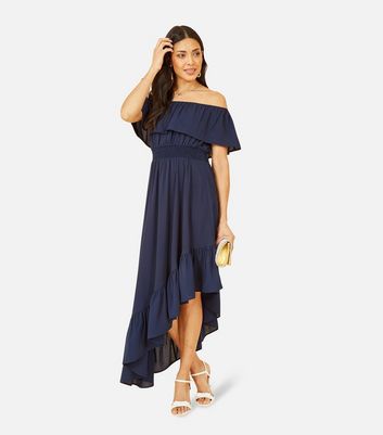 Mela Navy Bardot Asymmetrical Midi Dress New Look