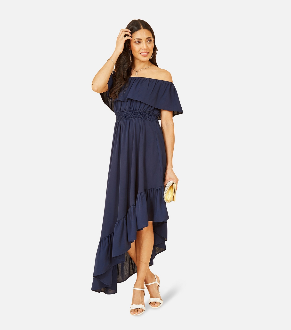 Women's Navy Bardot Asymmetrical Midi Dress Mela New Look