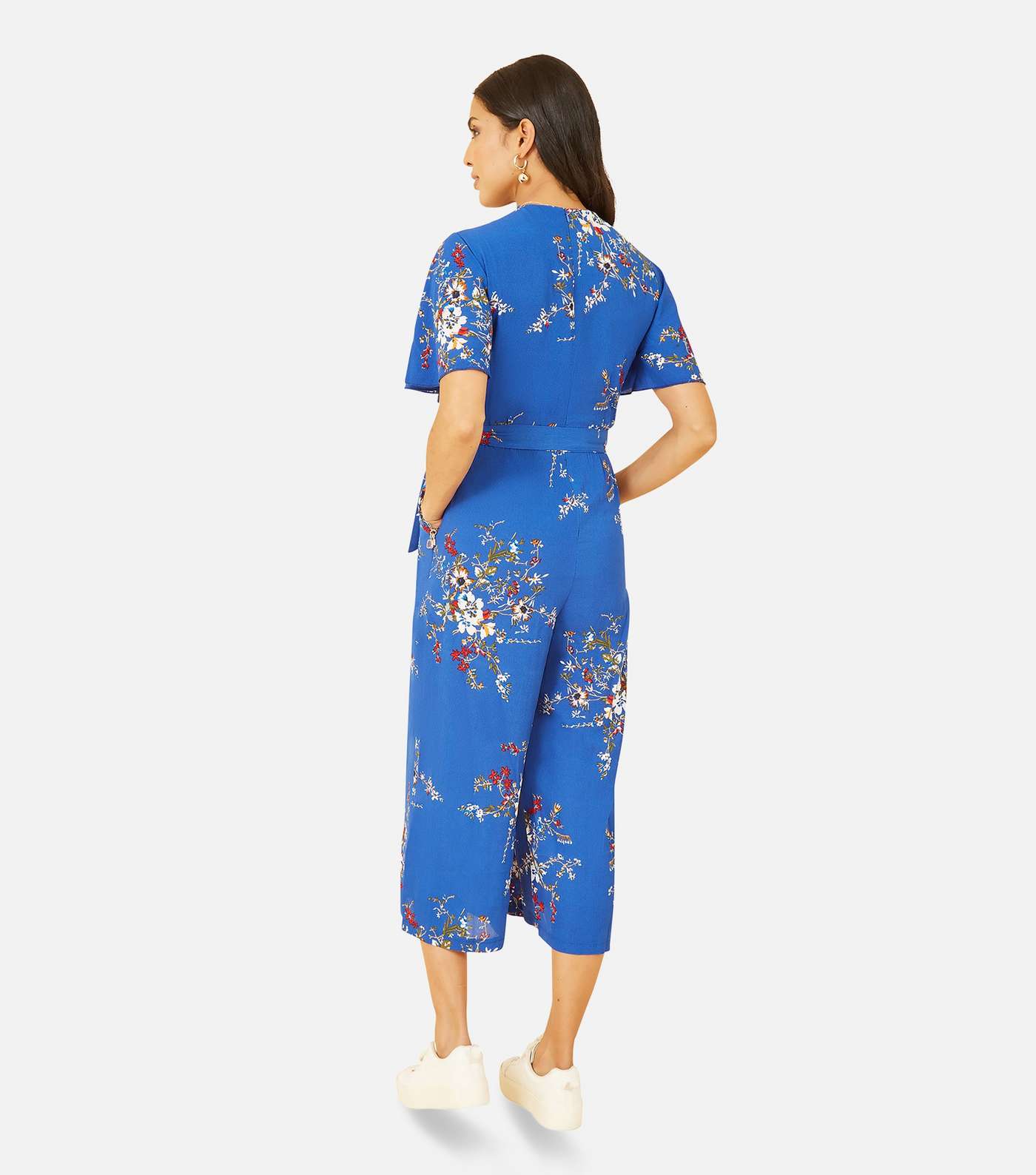 Mela Blue Floral Flutter Sleeve Crop Wrap Jumpsuit Image 4