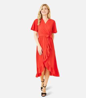 Mela Red V Neck Short Sleeve Frill Midi Dress