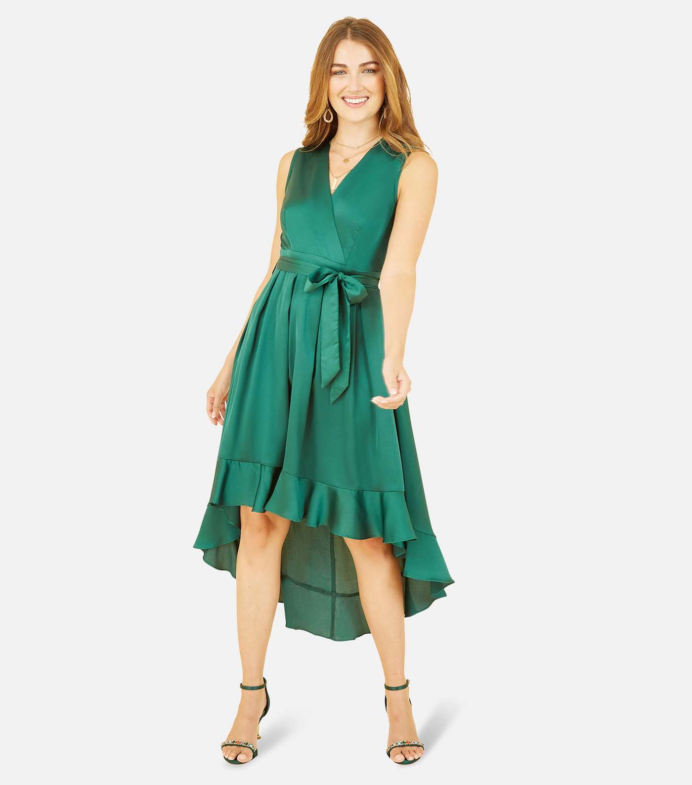 Mela Dark Green Satin Dip Hem Midi Wrap Dress