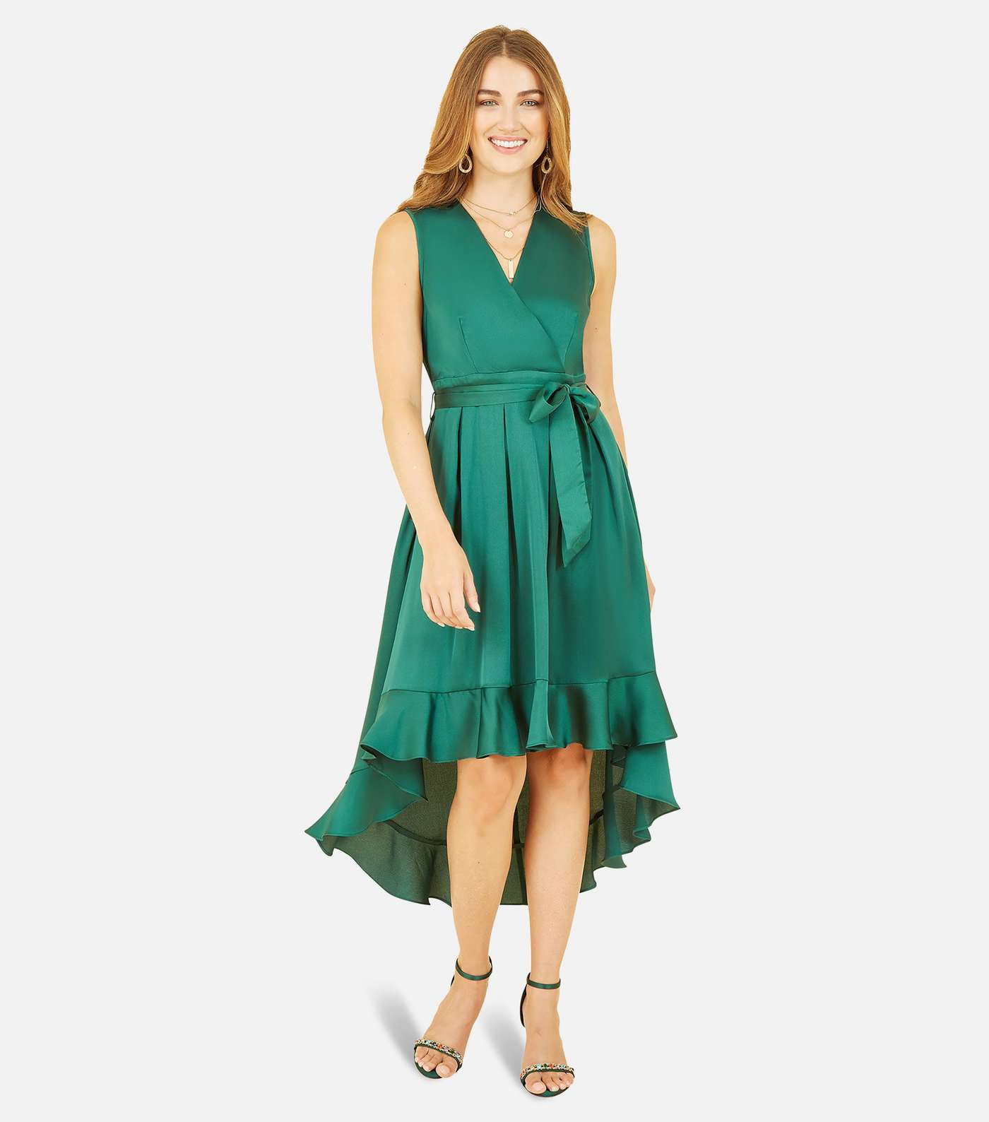 Mela Dark Green Satin Dip Hem Midi Wrap Dress Image 3
