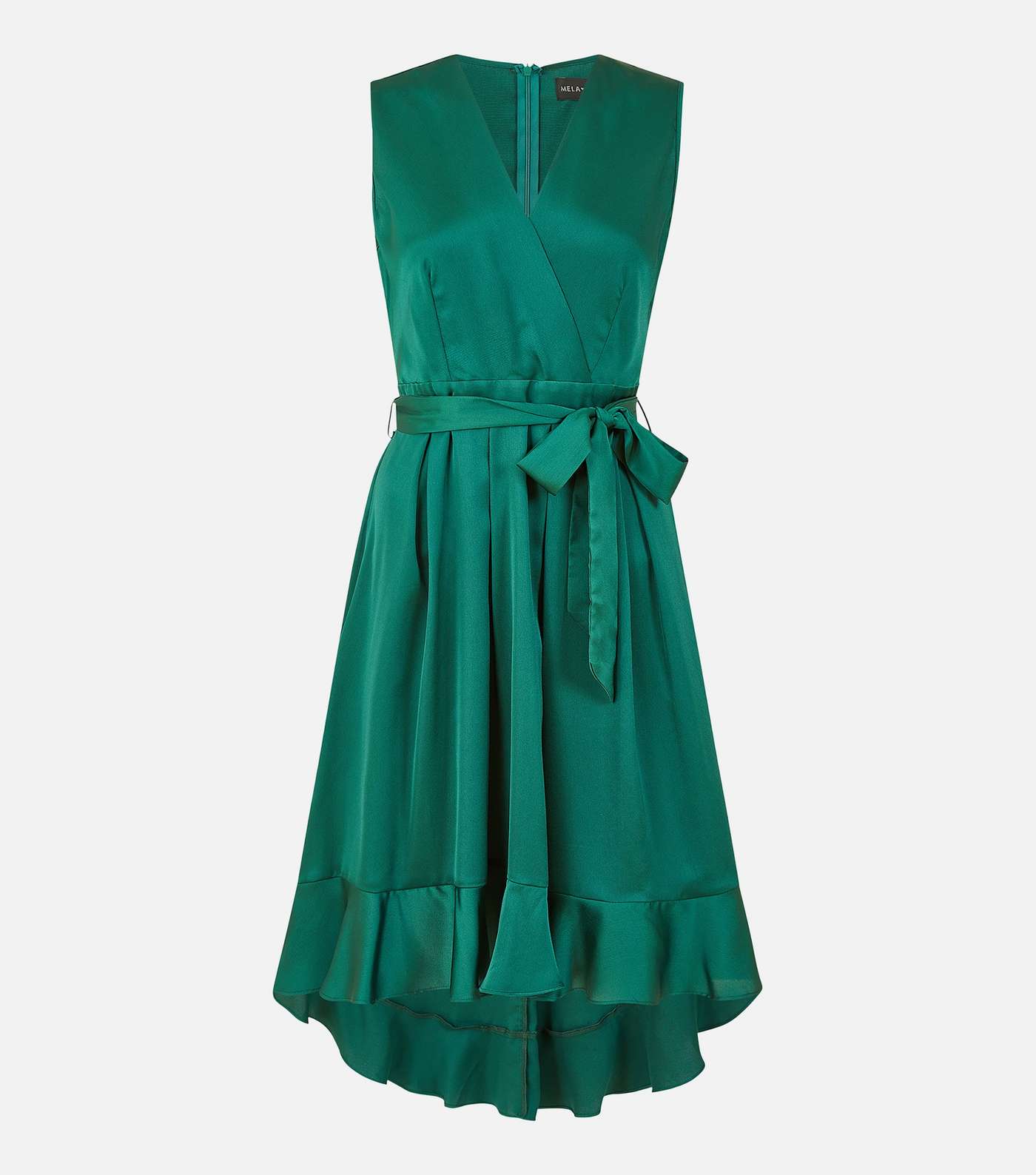 Mela Dark Green Satin Dip Hem Midi Wrap Dress Image 5