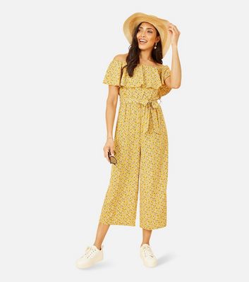 Mela Yellow Floral Bardot Wide Leg Jumpsuit New Look